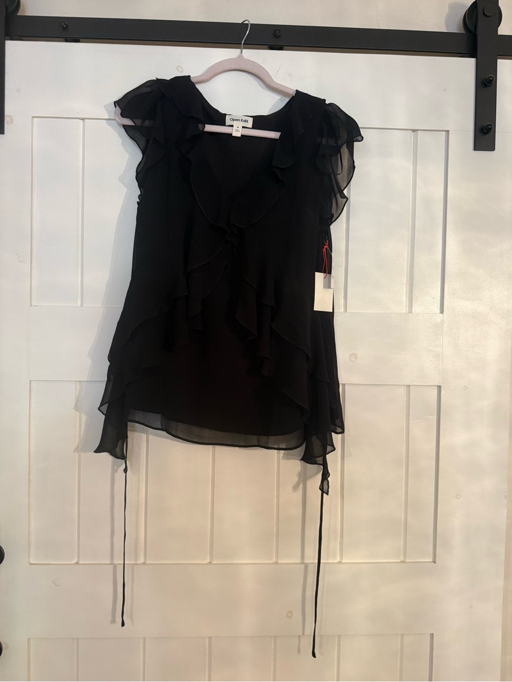 Open Edit Black Ruffle V-Neck Sleeveless Blouse with Sheer Layers
